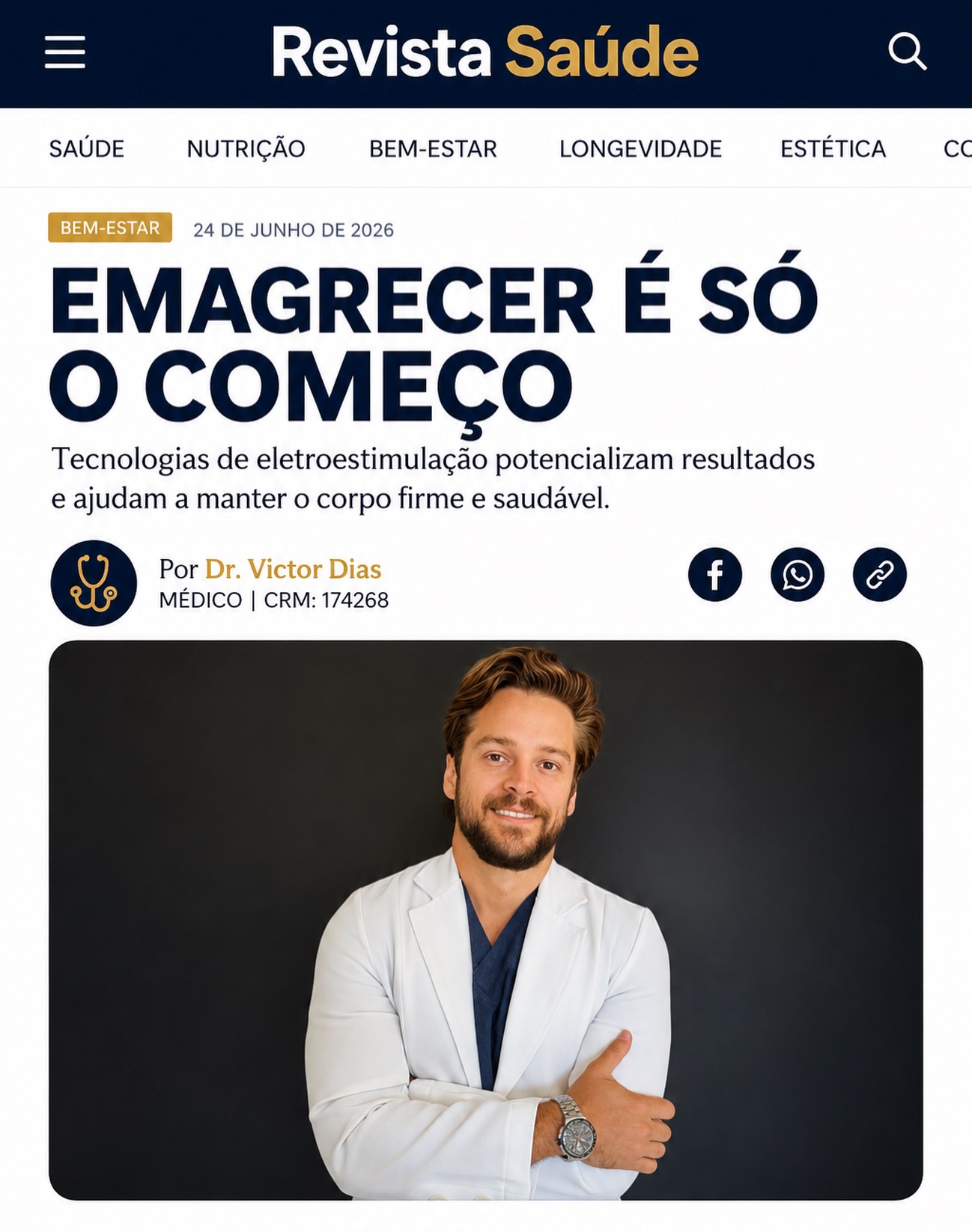 Durante muito tempo, o sucesso no #emagrecimento foi medido exclusivamente pelo número que aparece na balança. Hoje sabemos que essa visão é limitada. Perder peso representa apenas uma etapa do processo. O verdadeiro desafio começa depois: preservar a massa muscular, minimizar a #flacidez e manter um metabolismo funcional no longo prazo.

A perda acelerada de peso, especialmente em pacientes que utilizam medicamentos modernos para obesidade, como os agonistas do receptor de GLP-1 e GIP, promove uma importante redução do tecido adiposo. Entretanto, quando esse processo ocorre sem estímulo muscular adequado, parte do #peso perdido também pode corresponder à massa magra.Esse detalhe faz toda a diferença.

O músculo não é apenas responsável pela força ou pela #estética corporal. Trata-se de um dos principais órgãos metabólicos do organismo. É nele que ocorre grande parte da captação de glicose estimulada pela insulina, além de representar importante determinante do gasto energético basal. Quanto maior a preservação muscular, melhores tendem a ser o controle metabólico, a estabilidade do peso e a capacidade funcional ao longo dos anos.

É justamente nesse contexto que tecnologias de #eletroestimulação muscular vêm conquistando espaço como estratégia complementar.

Dr. Victor Dias-CRM: 174268