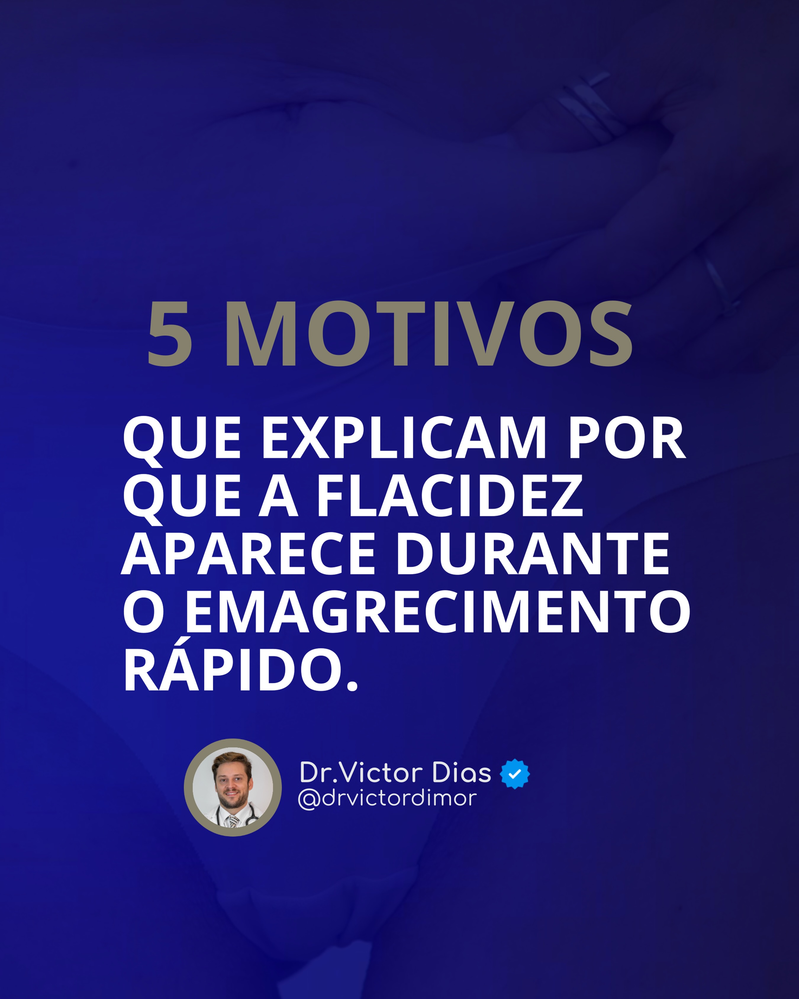 Muita gente acredita que a #flacidez acontece apenas porque perdeu peso rápido. Na realidade, ela resulta da combinação de diversos fatores que afetam músculos, gordura e pele.

1. Perda de massa muscular
Sem proteína adequada, treinamento de força e estratégias para preservar o #músculo, parte do peso perdido pode ser massa magra, reduzindo a sustentação da pele.

2. Redução da gordura subcutânea
A #gordura também funciona como um suporte para a pele. Quando esse volume diminui, ela precisa se adaptar ao novo contorno corporal.

3. Menor produção de colágeno e elastina
Envelhecimento, exposição solar, inflamação e deficiências nutricionais reduzem a capacidade de retração da #pele.

4. Tempo de excesso de peso
Quanto mais tempo a pele permaneceu distendida, maiores são as alterações nas suas fibras de sustentação.

5. Falta de um planejamento adequado
O objetivo não deve ser apenas perder peso, mas preservar massa muscular e estimular a qualidade da pele durante todo o tratamento.

No consultório, o foco não é apenas emagrecer. É melhorar a composição corporal para que o resultado seja mais saudável e esteticamente mais harmonioso.

Dr. Victor Dias - CRM: 174268