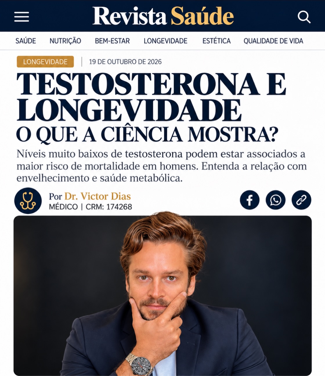 Durante muito tempo, a #testosterona foi associada principalmente à libido e à performance física. Entretanto, sua importância fisiológica vai muito além.

Esse hormônio participa da manutenção da massa muscular, da densidade óssea, da eritropoiese e de diferentes processos metabólicos.

Uma meta-análise publicada em 2024 no Annals of Internal Medicine identificou uma associação entre níveis muito baixos de testosterona e maior #mortalidade por todas as causas em #homens.

Isso não significa que quanto maior a testosterona, maior será a longevidade. Tampouco significa que a reposição hormonal aumente a expectativa de vida.

A medicina deve buscar o equilíbrio hormonal, respeitando as necessidades individuais, as evidências científicas e a segurança de cada paciente.

A #longevidade não depende de um único hormônio, mas compreender o ambiente hormonal é parte importante de uma avaliação médica completa.

Você já avaliou sua saúde hormonal pensando não apenas no presente, mas também no seu envelhecimento?

Dr. Victor Dias | CRM 174268
Emagrecimento | Medicina do estilo de vida | Longevidade | Performance física